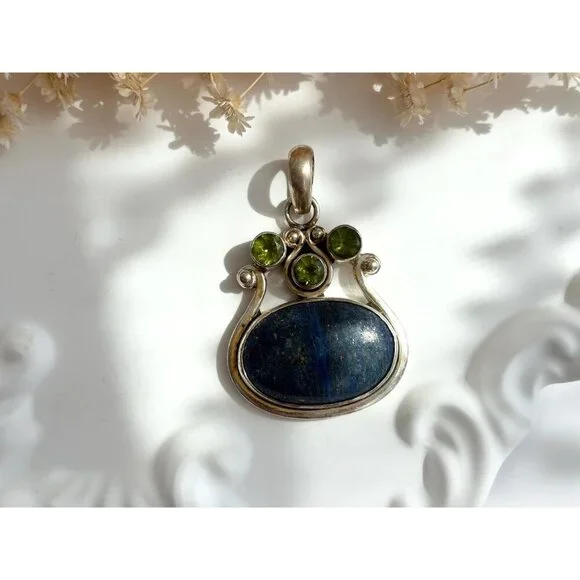 Lapis Lazuli Peridot Semi-Precious Sterling Silver Southwest 925 VintagePendant - Picture 9 of 10